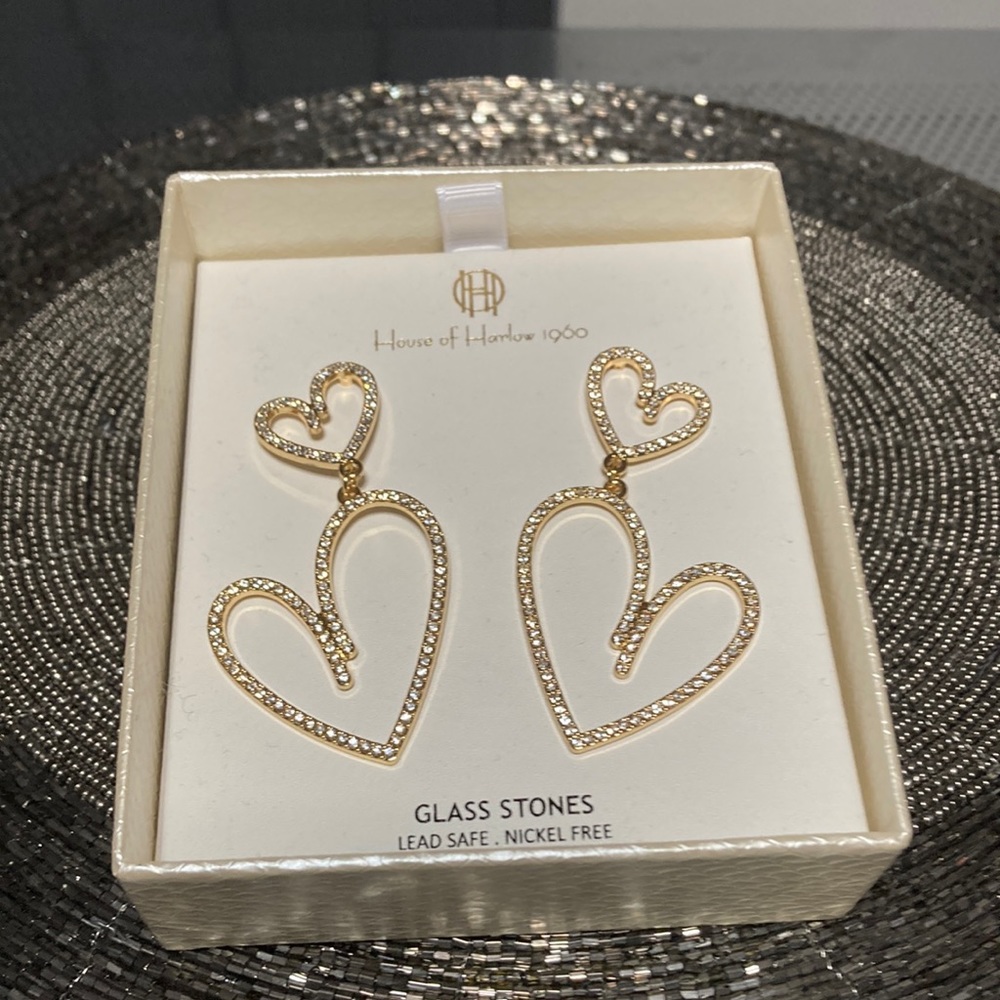 NIB House of Harlow Gold Glass Stone Heart Earrings